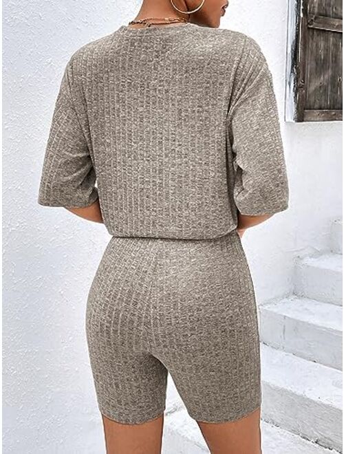 Ekouaer Pajamas 2 Piece Lounge Sets Ribbed Knit Matching Outfits T-shirt Biker Shorts Sleepwear Loungewear Sweatsuits