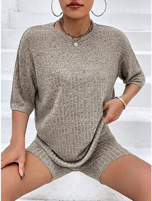 Ekouaer Pajamas 2 Piece Lounge Sets Ribbed Knit Matching Outfits T-shirt Biker Shorts Sleepwear Loungewear Sweatsuits