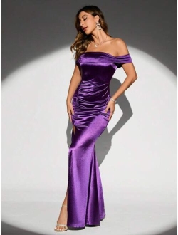 Belle Ruched Off Shoulder Slit Thigh Satin Prom Bridesmaid Dress