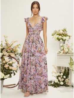 Belle Floral Print Sweetheart Neck Lace Up Backless Ruffle Trim Dress