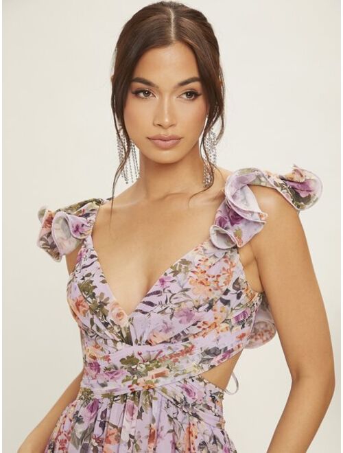 SHEIN Belle Floral Print Sweetheart Neck Lace Up Backless Ruffle Trim Dress