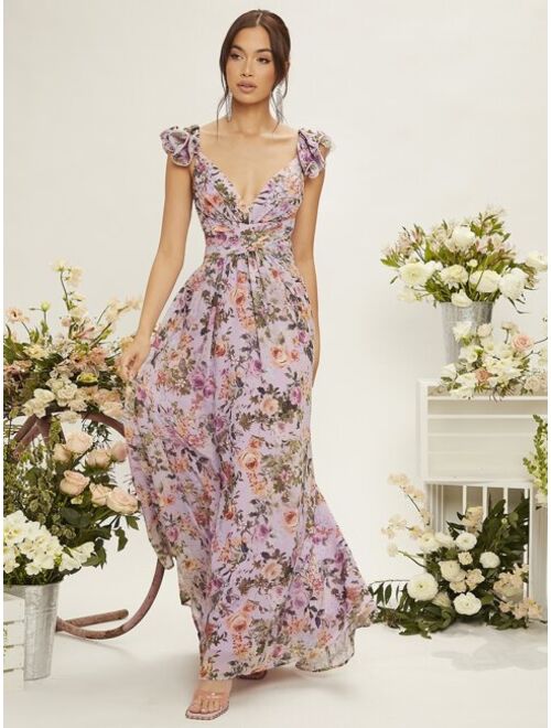 SHEIN Belle Floral Print Sweetheart Neck Lace Up Backless Ruffle Trim Dress