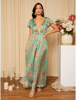 Belle Floral Print Butterfly Sleeve Tie Back Satin Bridesmaid Dress