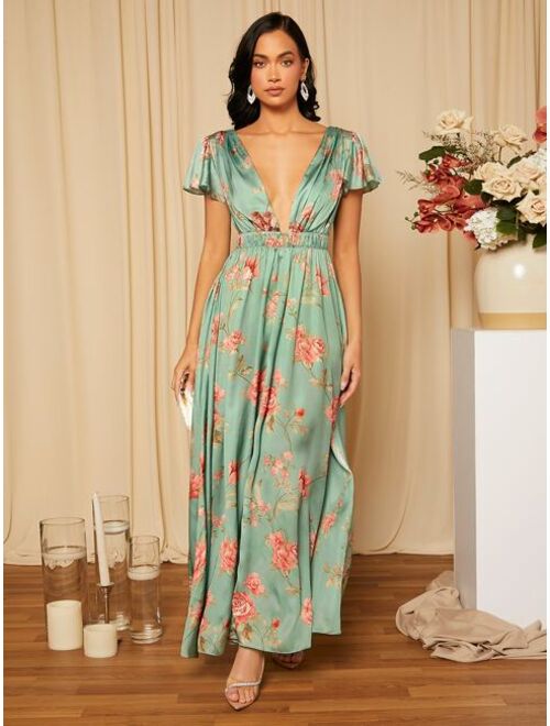 SHEIN Belle Floral Print Butterfly Sleeve Tie Back Satin Bridesmaid Dress