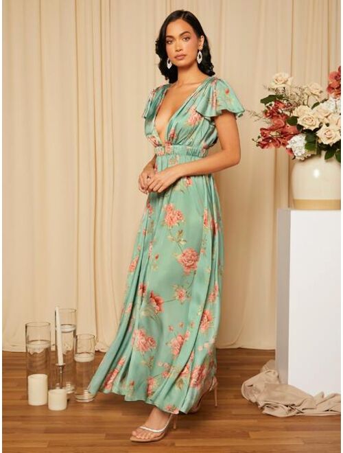 SHEIN Belle Floral Print Butterfly Sleeve Tie Back Satin Bridesmaid Dress
