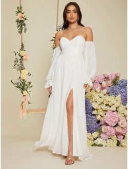 Belle Transparent Shoulder Strap Flounce Sleeve Split Thigh Prom Bridesmaid Dress