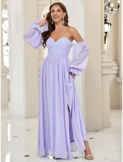 Belle Transparent Shoulder Strap Flounce Sleeve Split Thigh Prom Bridesmaid Dress