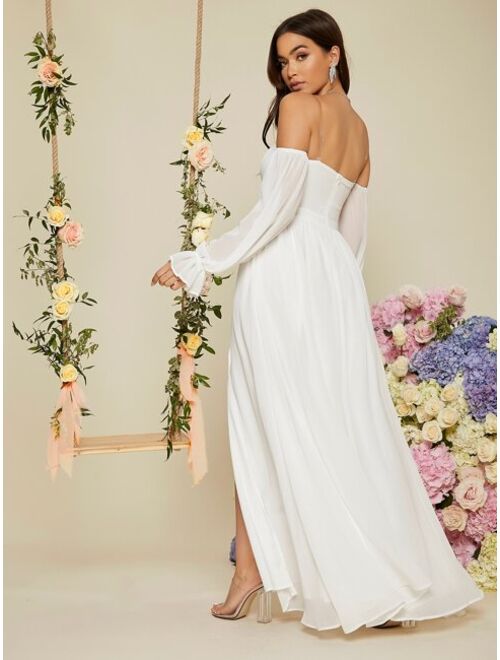 SHEIN Belle Transparent Shoulder Strap Flounce Sleeve Split Thigh Prom Bridesmaid Dress