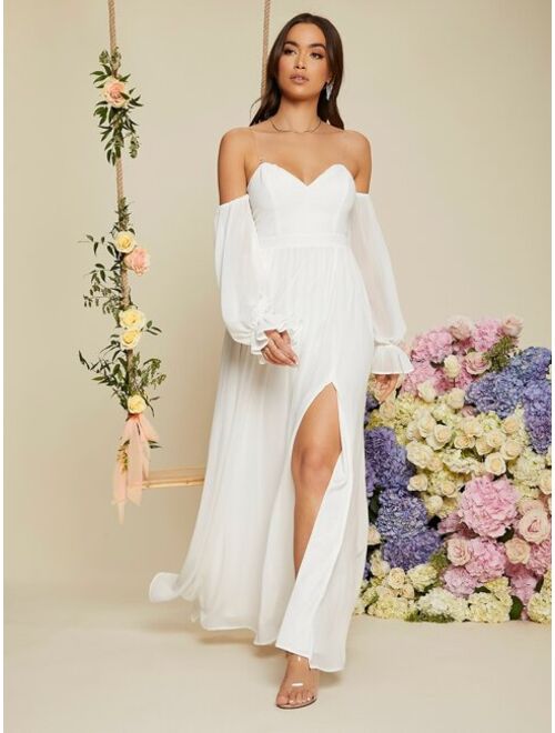 SHEIN Belle Transparent Shoulder Strap Flounce Sleeve Split Thigh Prom Bridesmaid Dress