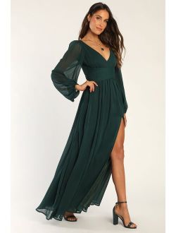 Enchant My Love Emerald Green V-Neck Long Sleeve Maxi Dress