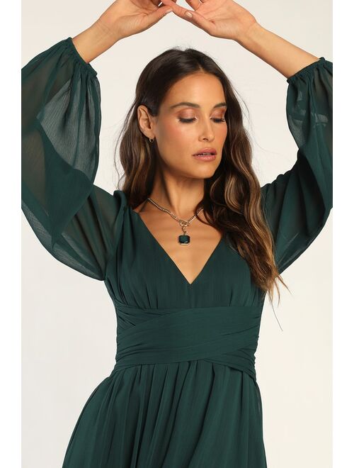 Lulus Enchant My Love Emerald Green V-Neck Long Sleeve Maxi Dress