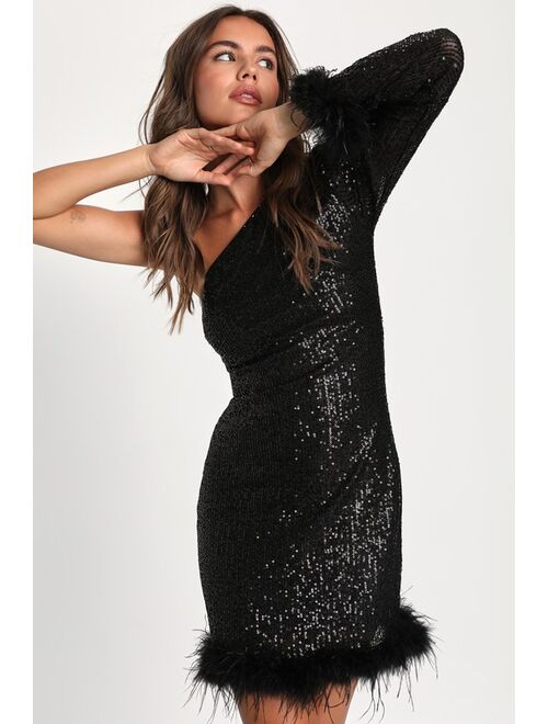 Lulus Sparkling Desire Black Sequin Feather One-Shoulder Mini Dress