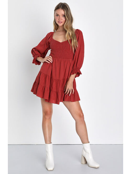 Lulus Charming Afternoon Rust Red Gingham Balloon Sleeve Mini Dress