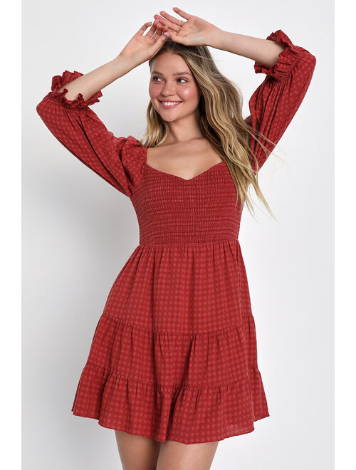 Lulus Charming Afternoon Rust Red Gingham Balloon Sleeve Mini Dress