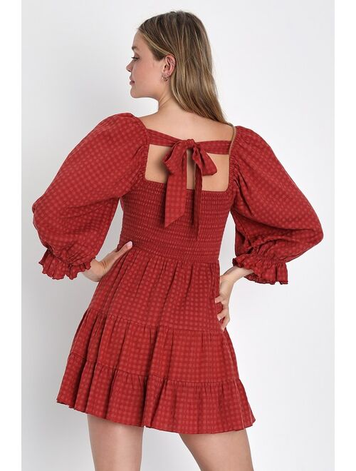 Lulus Charming Afternoon Rust Red Gingham Balloon Sleeve Mini Dress