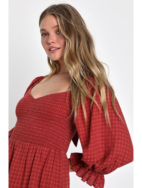 Lulus Charming Afternoon Rust Red Gingham Balloon Sleeve Mini Dress