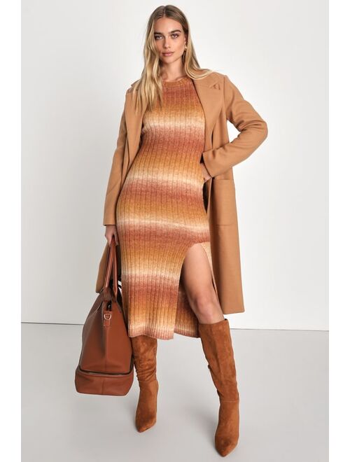 Lulus Cozy Scenery Rust Multi Long Sleeve Midi Sweater Dress