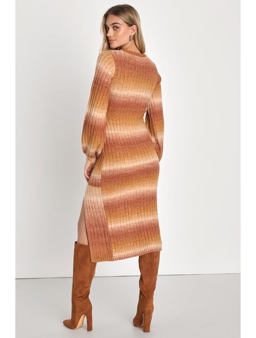 Lulus Cozy Scenery Rust Multi Long Sleeve Midi Sweater Dress