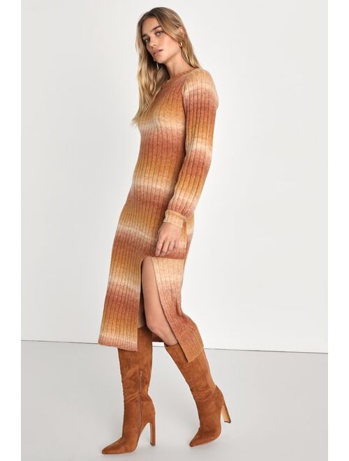 Lulus Cozy Scenery Rust Multi Long Sleeve Midi Sweater Dress