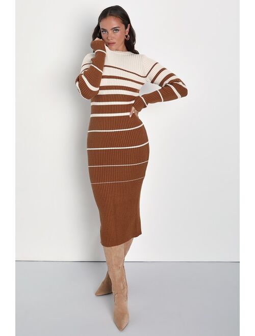 Lulus Seasonal Status Ivory and Brown Striped Midi Sweater Dress
