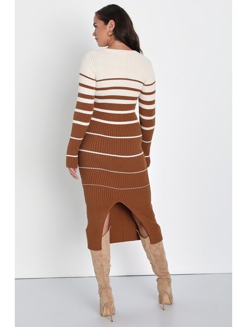 Lulus Seasonal Status Ivory and Brown Striped Midi Sweater Dress