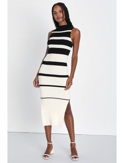 Modern Classic Ivory and Black Striped Midi Sweater Dress