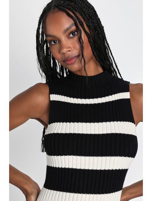 Lulus Modern Classic Ivory and Black Striped Midi Sweater Dress