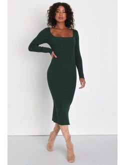 Autumnal Perfection Dark Green Ribbed Tie-Back Sweater Dress