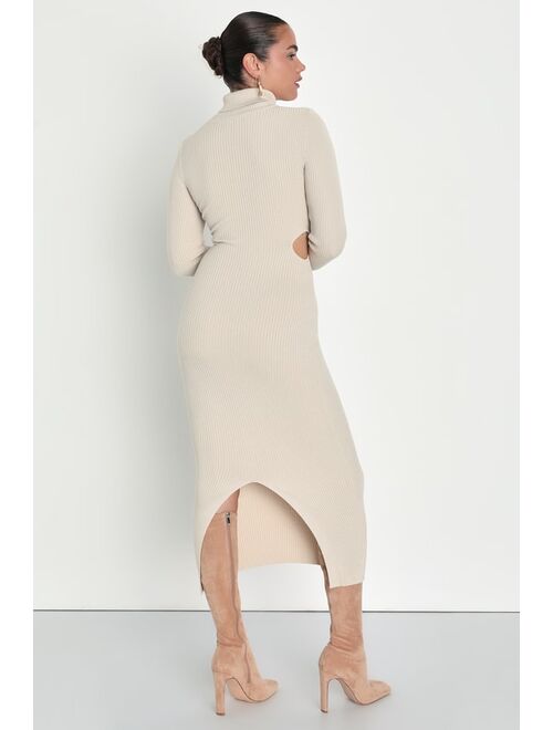 Lulus Excellent Essence Beige Ribbed Cutout Midi Sweater Dress