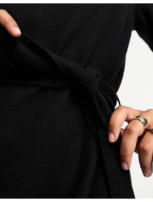 ASOS DESIGN super soft flare sleeve sweater swing mini dress with belt in black