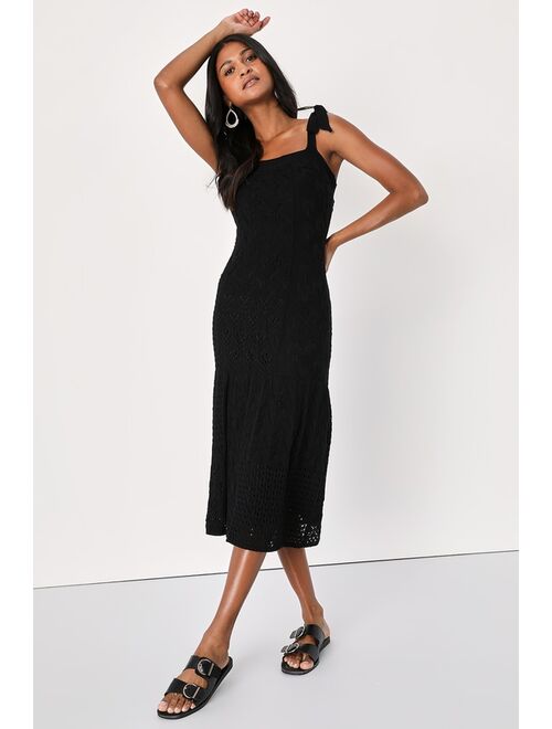 Lulus Get Sweet Black Crochet Tie-Strap Midi Sweater Dress