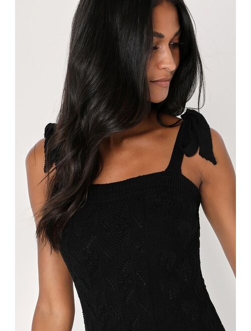 Lulus Get Sweet Black Crochet Tie-Strap Midi Sweater Dress