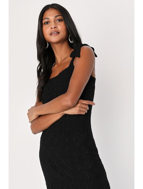 Lulus Get Sweet Black Crochet Tie-Strap Midi Sweater Dress