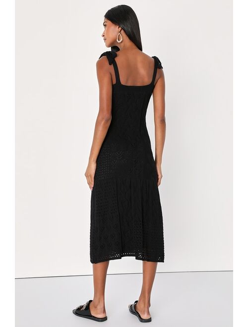 Lulus Get Sweet Black Crochet Tie-Strap Midi Sweater Dress