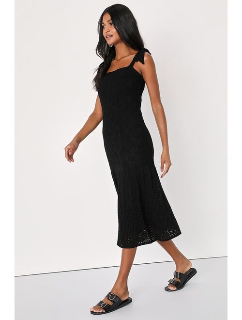 Lulus Get Sweet Black Crochet Tie-Strap Midi Sweater Dress