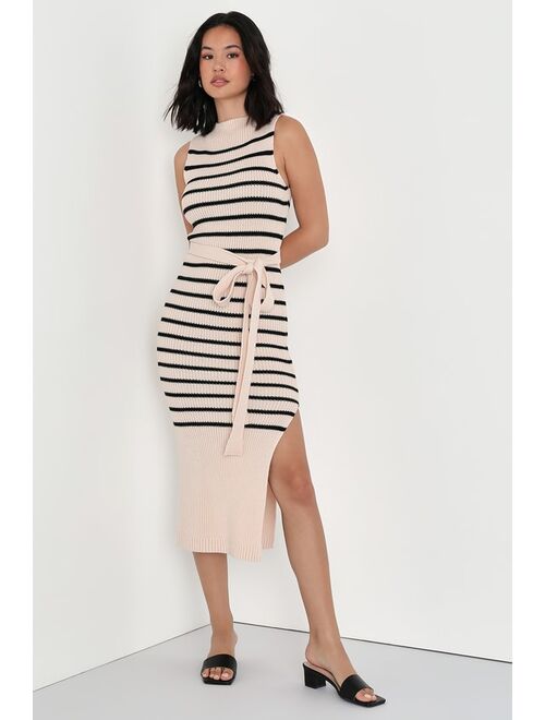 Lulus Cozy Charisma Beige and Black Striped Sweater Knit Midi Dress