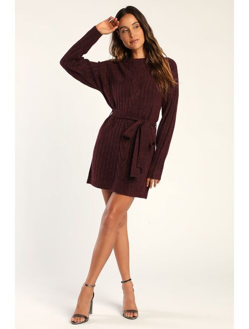 Lulus Wishing on Winter Burgundy Cable Knit Mini Sweater Dress