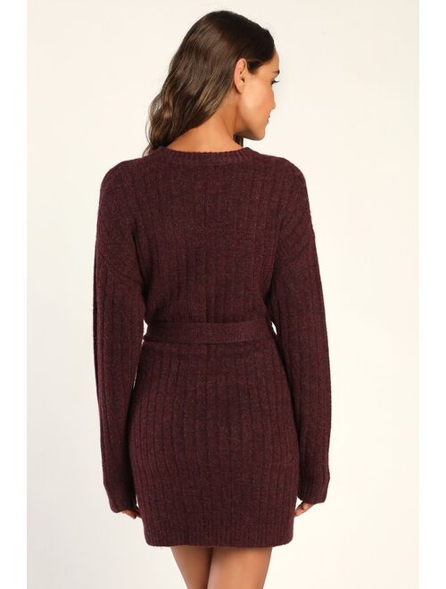 Lulus Wishing on Winter Burgundy Cable Knit Mini Sweater Dress