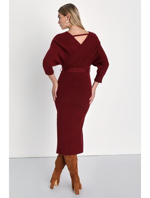 Lulus Fall into Fashion Burgundy Dolman Sleeve Sweater Midi Dress