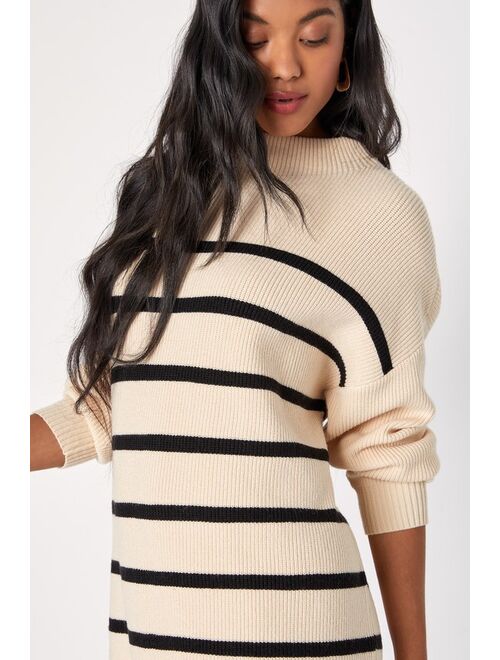 Lulus Soft Attitude Beige Striped Mock Neck Mini Sweater Dress
