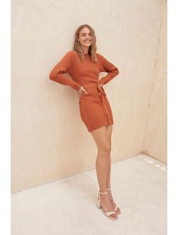 Stylishly Cozy Rust Orange Cable Knit Mini Sweater Dress