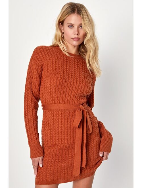 Lulus Stylishly Cozy Rust Orange Cable Knit Mini Sweater Dress