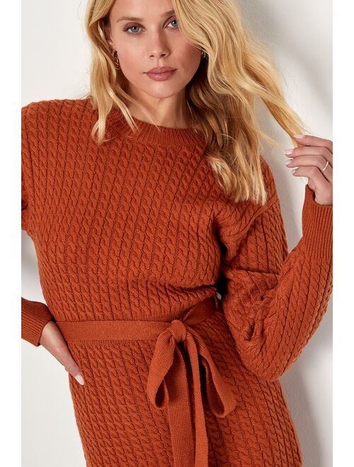 Lulus Stylishly Cozy Rust Orange Cable Knit Mini Sweater Dress