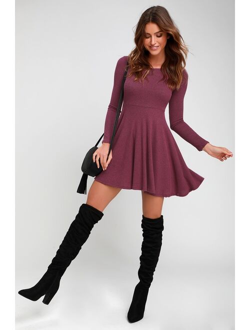 Lulus Fit and Fair Mauve Purple Ribbed Knit Long Sleeve Skater Dress