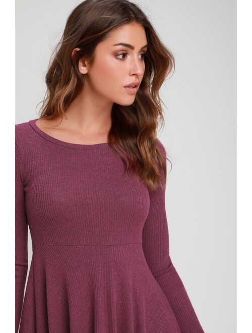 Lulus Fit and Fair Mauve Purple Ribbed Knit Long Sleeve Skater Dress