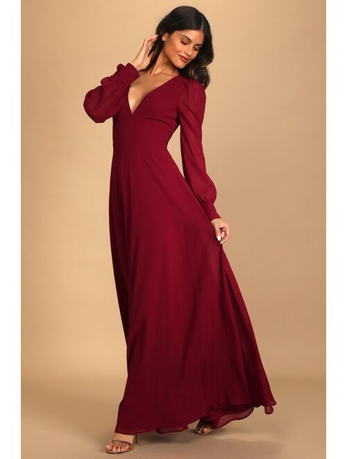 Lulus Talk About Divine Burgundy Long Sleeve Backless Maxi Dress