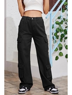 QYANGG Baggy Cargo Pants Women High Waist Pants for Women Loose Pocket Jogger Straight Wide Leg Y2K Cargo Pants