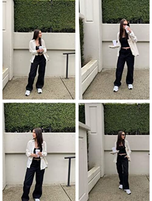EVALESS Cargo Pants Women Casual Loose High Waisted Straight Leg Baggy Pants Trousers with Pockets