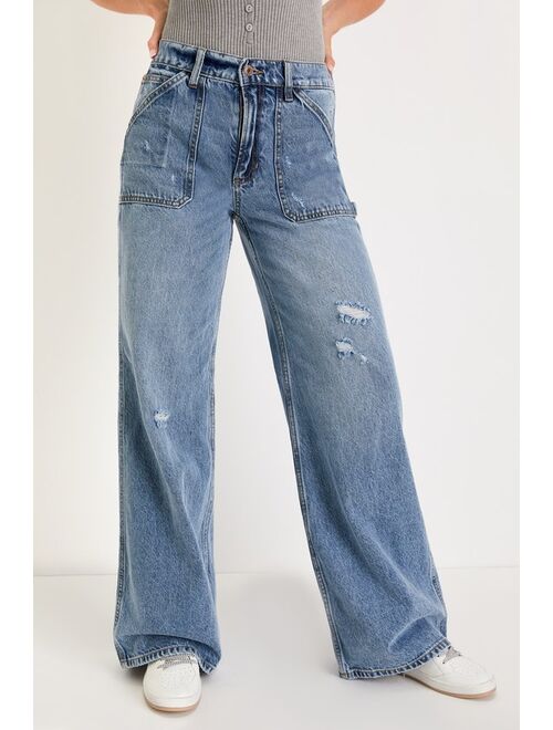 Lulus Streetwise Sweetie Medium Wash High-Rise Utility Jeans