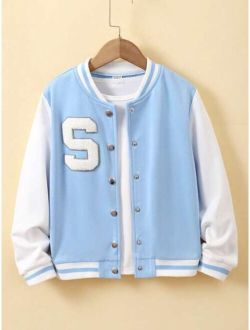 Shein Tween Girl Letter Patched Striped Trim Varsity Jacket Without Tee